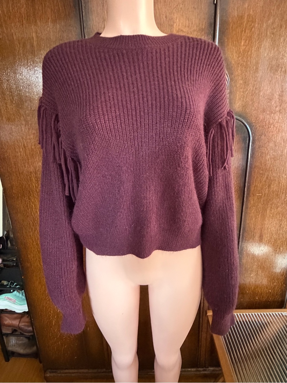 Women's Fringe Detail Rib Knit Sweater - Plum XXL